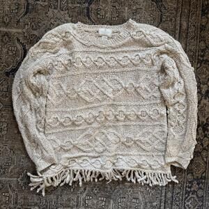 EXPRESS Tricot Chunky Cable-Knit Fringe Sweater L